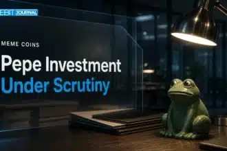 Pepe investment scrutiny illustrated by a green ceramic frog beneath a desk inspection lamp