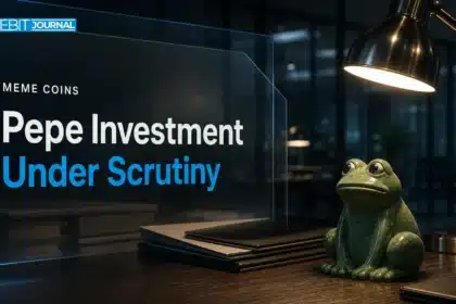 Pepe investment scrutiny illustrated by a green ceramic frog beneath a desk inspection lamp