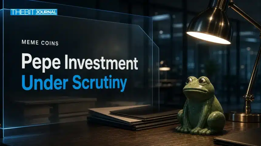 Pepe investment scrutiny illustrated by a green ceramic frog beneath a desk inspection lamp
