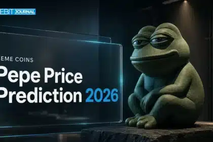 Green frog sculpture on a stone pedestal illustrating Pepe price prediction 2026