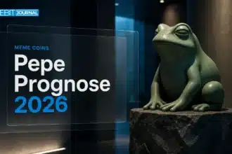 Grüne Froschskulptur auf einem Steinsockel als Symbol für die Pepe Prognose 2026