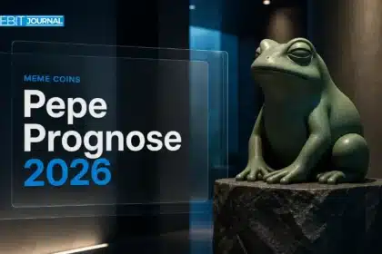 Grüne Froschskulptur auf einem Steinsockel als Symbol für die Pepe Prognose 2026