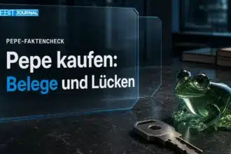 Pepe kaufen: Grüner Glasfrosch und Sicherheitsschlüssel auf einem Recherche-Schreibtisch