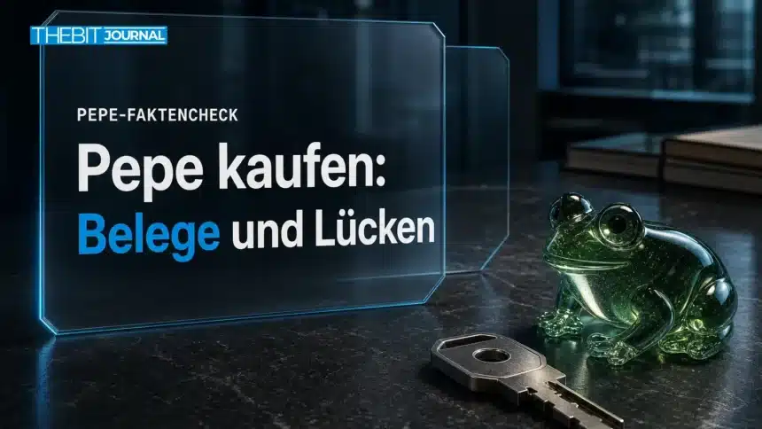 Pepe kaufen: Was Kursdaten belegen und welche Angaben fehlen 7 Pepe kaufen: Grüner Glasfrosch und Sicherheitsschlüssel auf einem Recherche-Schreibtisch