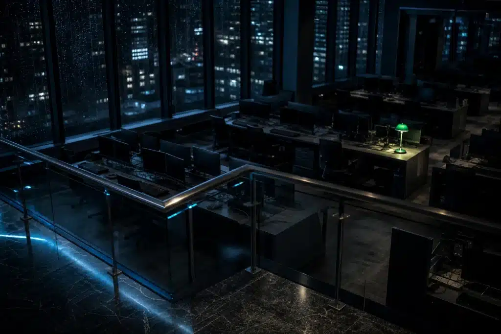 Pepe Price Prediction 2026: PEPE Scenarios, Key Levels and Risks 9 Empty trading floor at night with a single green desk lamp, reflecting meme coin market risk