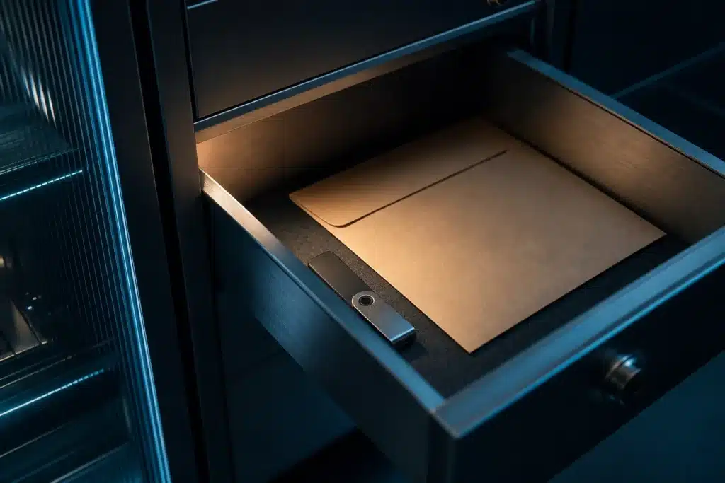 how to buy Pepe: What the Available Evidence Shows 9 Illustrative hardware wallet and closed envelope inside a metal document drawer