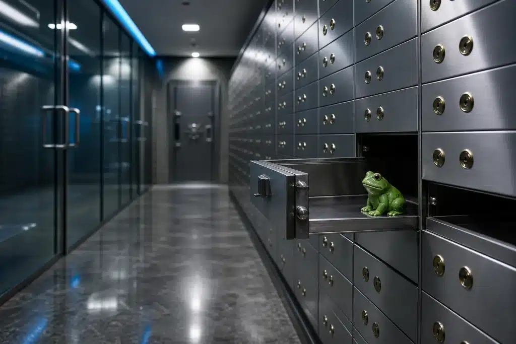 Pepe Price Prediction 2026: PEPE Scenarios, Key Levels and Risks 8 Small green frog figurine inside an open vault drawer, symbolising large PEPE holdings by whales