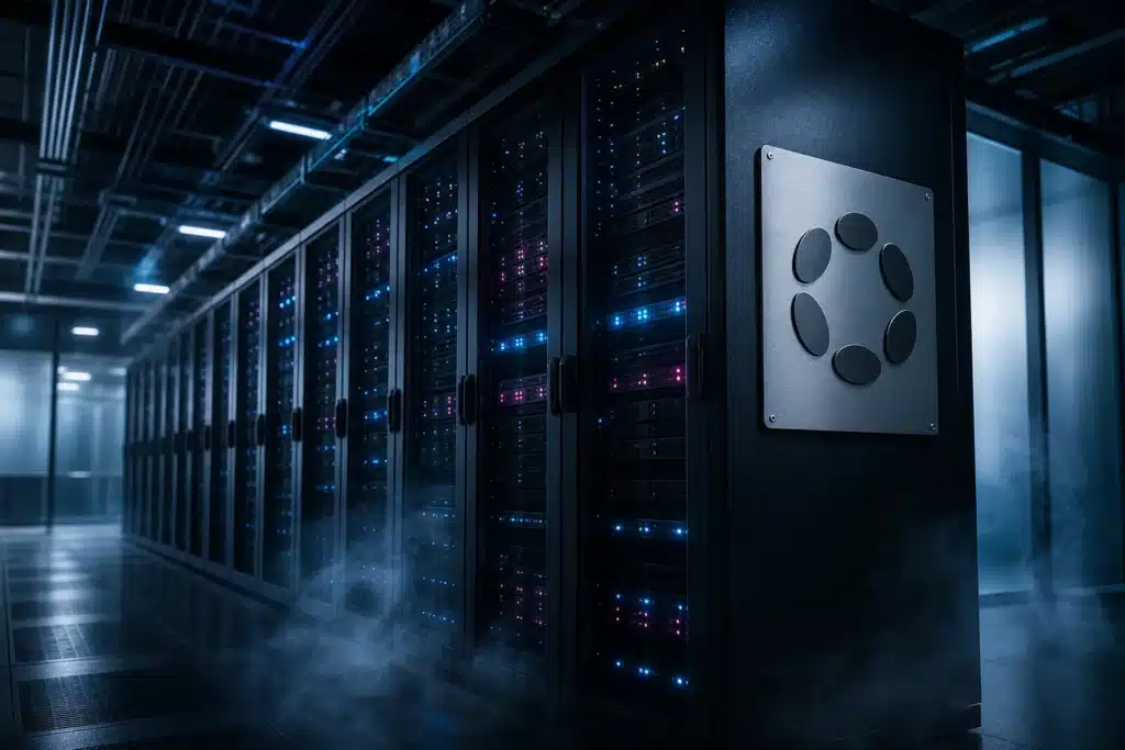 Polkadot Prognose 2026: DOT-Szenarien, wichtige Kursmarken und Risiken 8 Serverracks in einem abgedunkelten Rechenzentrum mit leuchtenden LEDs als Sinnbild der Polkadot-Infrastruktur