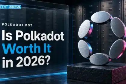 Brushed-metal Polkadot sculpture in a vault illustrating the question is Polkadot a good investment in 2026