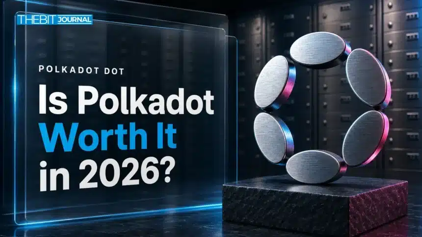 Brushed-metal Polkadot sculpture in a vault illustrating the question is Polkadot a good investment in 2026