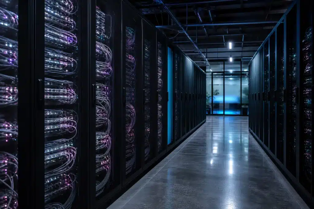 Polkadot Price Prediction 2026-2030: DOT Scenarios, Levels and Risks 8 Server racks linked by glowing fiber cables, evoking Polkadot's interconnected Asset Hub and parachain network