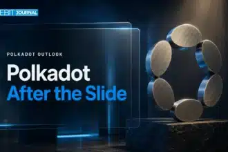 Brushed-metal Polkadot sculpture illustrating a Polkadot price prediction 2026-2030