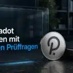 Polkadot kaufen: Metallobjekt mit Polkadot-Emblem neben geschlossener Wallet-Hülle