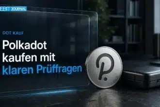 Polkadot kaufen: Metallobjekt mit Polkadot-Emblem neben geschlossener Wallet-Hülle