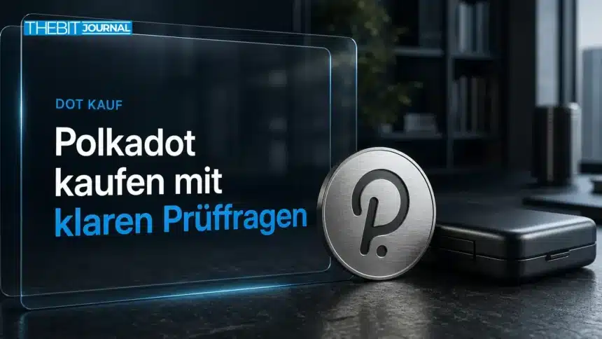 Polkadot kaufen: Kosten, Kaufablauf und Verwahrung prüfen 7 Polkadot kaufen: Metallobjekt mit Polkadot-Emblem neben geschlossener Wallet-Hülle