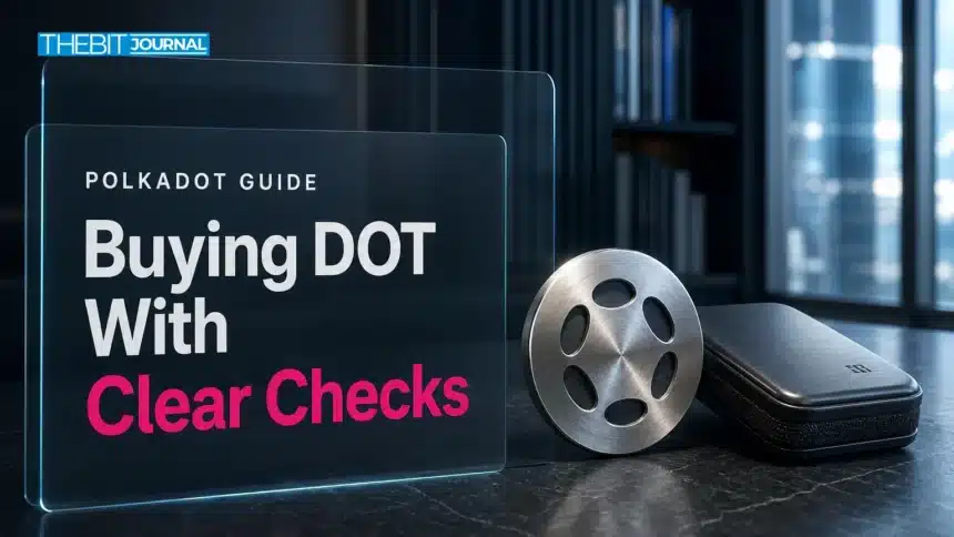 How to buy Polkadot (DOT): Costs, Purchase Steps and Custody 7 Illustrative desk scene with a metal Polkadot emblem and closed wallet case