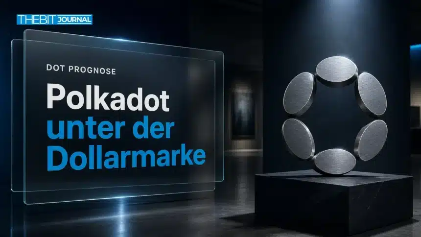 Polkadot Prognose 2026: DOT-Szenarien, wichtige Kursmarken und Risiken 7 Polkadot-Skulptur aus gebürstetem Metall in einer dunklen Galerie zur Polkadot Prognose 2026