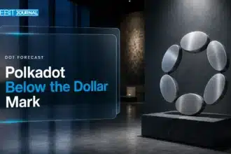 Brushed-metal Polkadot sculpture in a dim gallery illustrating Polkadot price prediction 2026