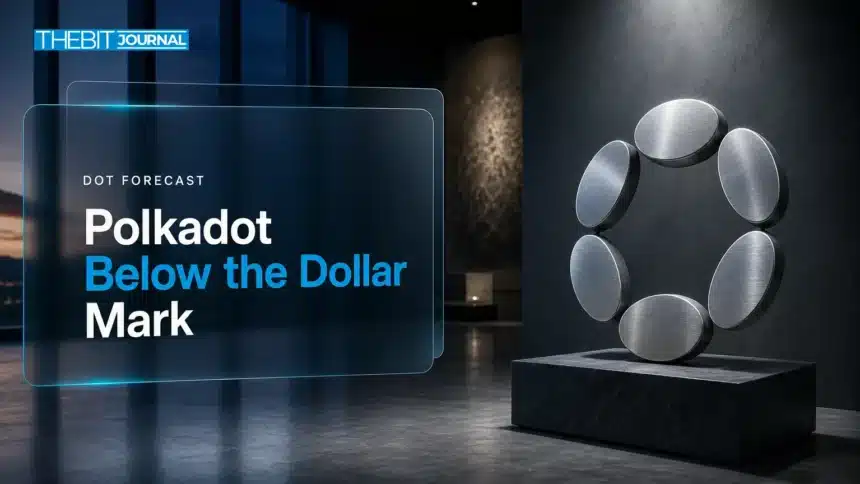 Brushed-metal Polkadot sculpture in a dim gallery illustrating Polkadot price prediction 2026