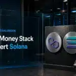 Open Money Stack: Metallene Polygon- und Solana-Symbole neben einem Zahlungsterminal