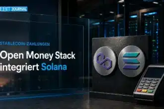 Open Money Stack: Metallene Polygon- und Solana-Symbole neben einem Zahlungsterminal