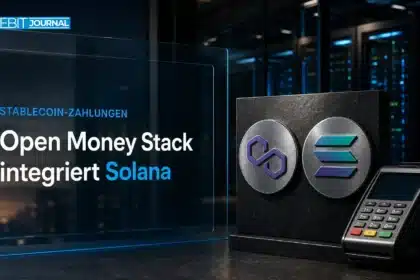 Open Money Stack: Metallene Polygon- und Solana-Symbole neben einem Zahlungsterminal