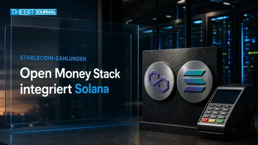 Open Money Stack: Metallene Polygon- und Solana-Symbole neben einem Zahlungsterminal