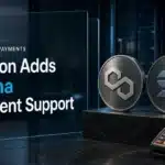 Open Money Stack concept with Polygon and Solana emblems beside a payment terminal