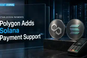 Open Money Stack concept with Polygon and Solana emblems beside a payment terminal