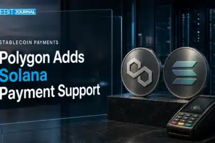 Open Money Stack concept with Polygon and Solana emblems beside a payment terminal