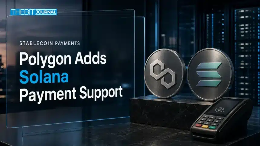 Open Money Stack concept with Polygon and Solana emblems beside a payment terminal