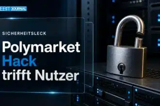 Aufgebrochenes Vorhängeschloss an einem Serverschrank als Symbol für den Polymarket Hack über einen Drittanbieter