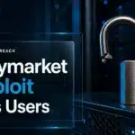Cut padlock on a server rack illustrating the Polymarket exploit and third-party provider breach
