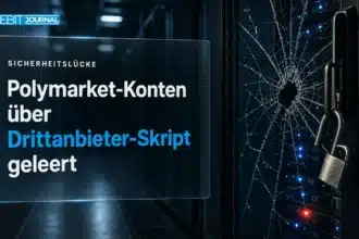 Serverschrank mit gesprungener Glastür und offenem Vorhängeschloss als Symbol für den Polymarket Hack