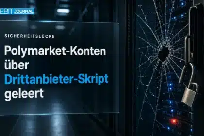 Serverschrank mit gesprungener Glastür und offenem Vorhängeschloss als Symbol für den Polymarket Hack