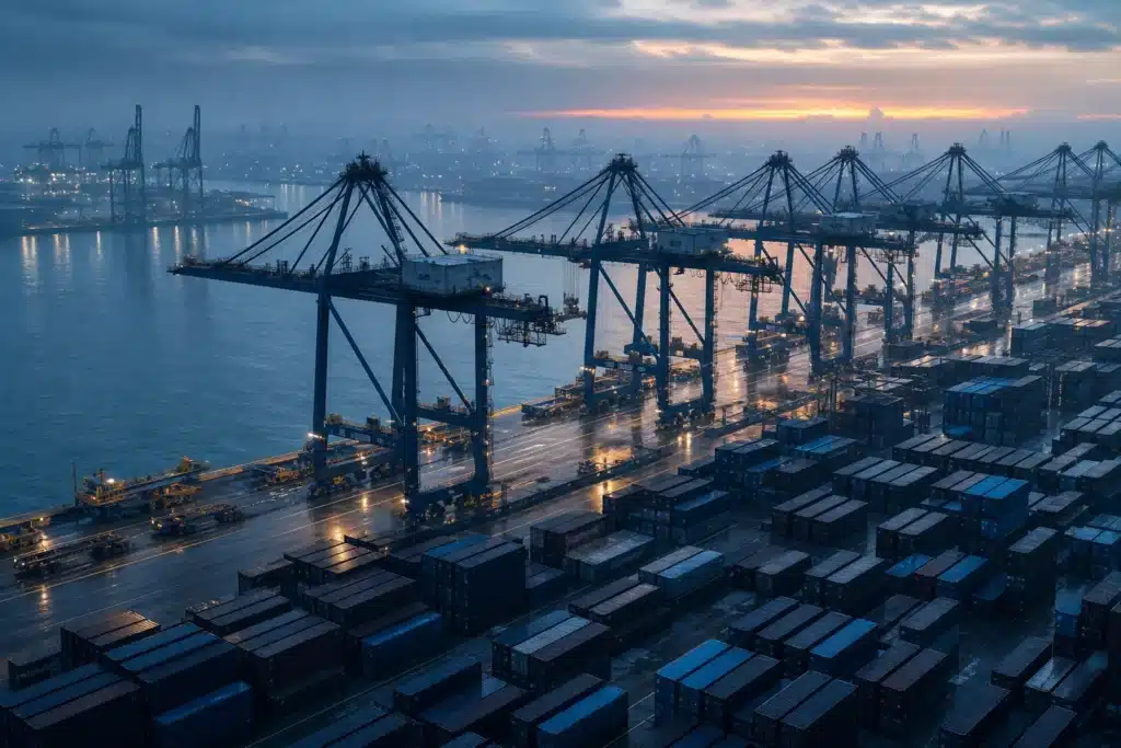 Containerterminal im Morgengrauen als Sinnbild für das Stablecoin-Abwicklungsvolumen auf TRON