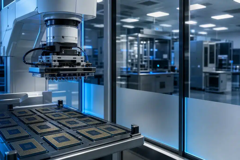 Illustrative semiconductor laboratory with robotic equipment handling processor packages