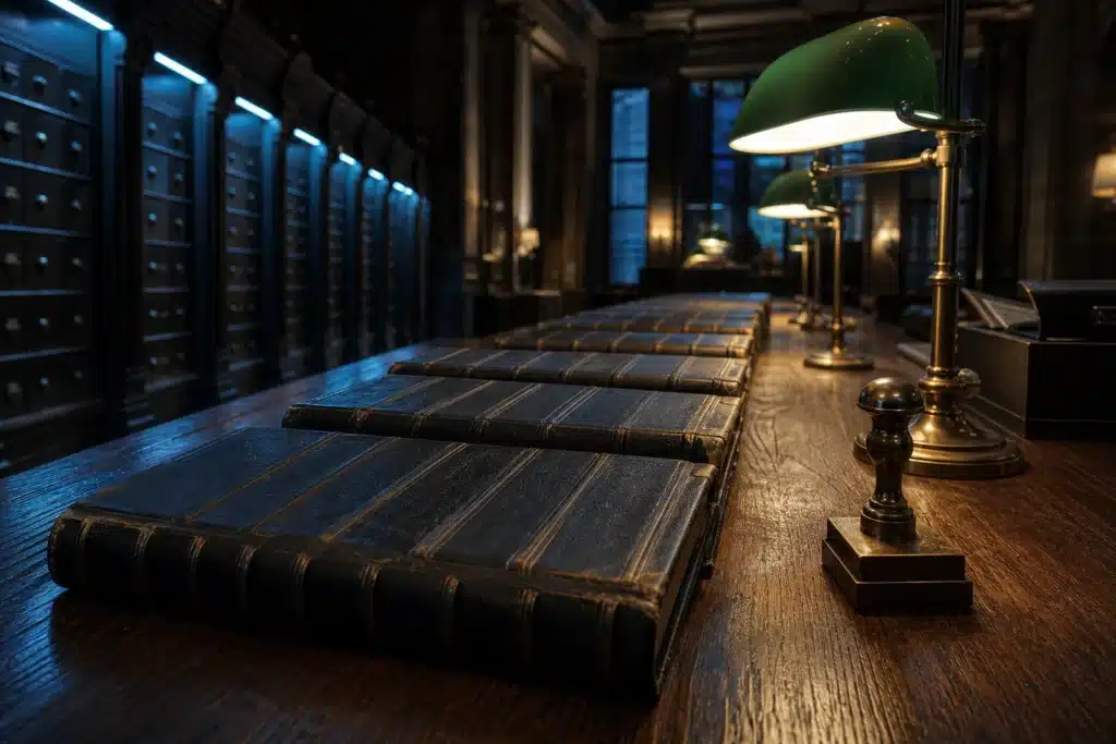 Russia Crypto Exchanges Get First Overseer as NAUFOR Wins SRO Status 8 Ledgers and brass stamp on an oak table in a dim archive, evoking official crypto registries