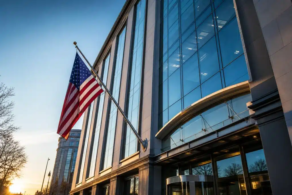 Glass government building facade evoking CFTC approval needed for US perpetual futures