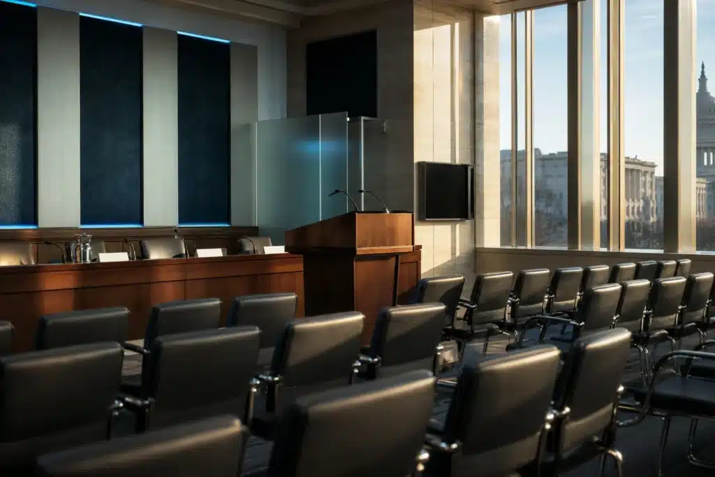 Empty conference room with lectern and panel table before a regulatory forum