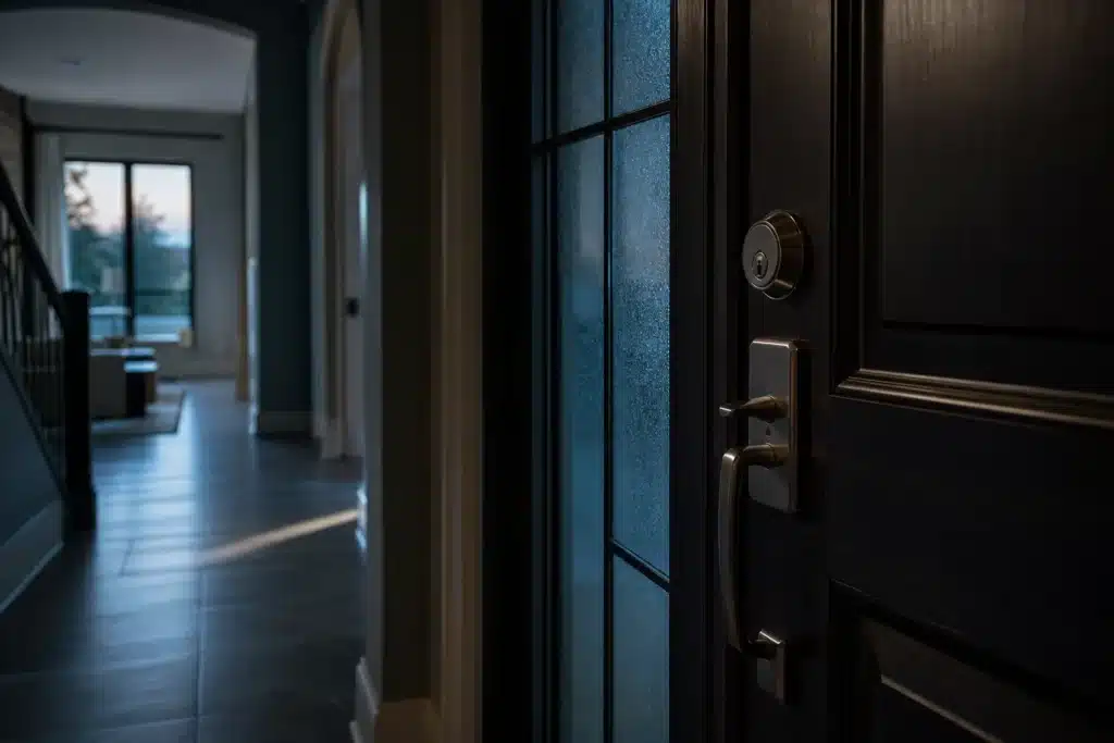 Residential doorway and deadbolt illustrating physical security risks for cryptocurrency holders