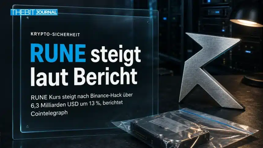 RUNE Kurs steigt nach Binance-Hack über 6,3 Milliarden USD um 13 %, berichtet Cointelegraph 7 RUNE Kurs im Fokus: Metallemblem neben einem versiegelten Datenträger auf einem forensischen Arbeitsplatz