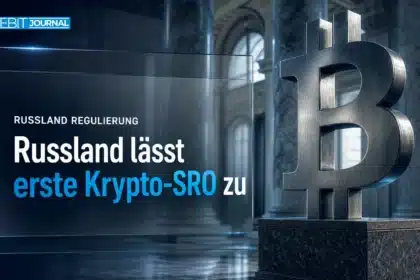 Bitcoin-Skulptur aus Metall in einer Bankhalle als Symbol für die neue Aufsicht über Russland Kryptobörsen
