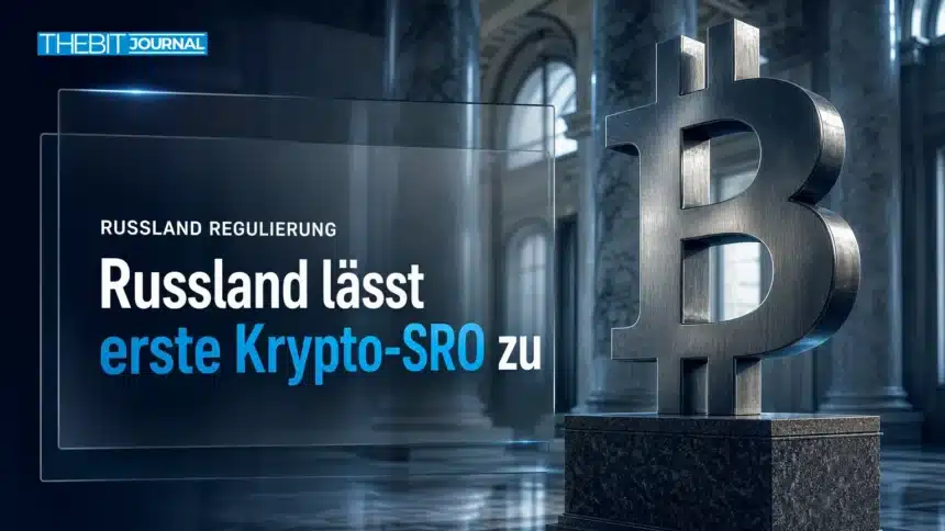 Russland Kryptobörsen: NAUFOR wird erste Selbstregulierungsorganisation 7 Bitcoin-Skulptur aus Metall in einer Bankhalle als Symbol für die neue Aufsicht über Russland Kryptobörsen