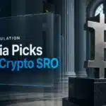 Metal Bitcoin sculpture in a bank hall symbolising oversight of Russia crypto exchanges