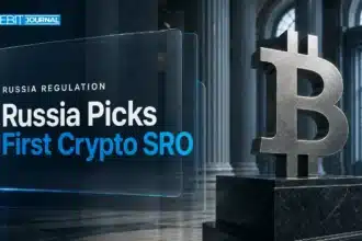 Metal Bitcoin sculpture in a bank hall symbolising oversight of Russia crypto exchanges