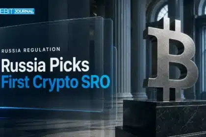 Metal Bitcoin sculpture in a bank hall symbolising oversight of Russia crypto exchanges
