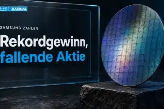 Siliziumwafer auf Steinsockel als Symbol für die Samsung Aktie, die trotz Rekordgewinn im Chipgeschäft fällt