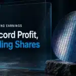 Silicon wafer on a stone pedestal illustrating Samsung stock falling after a record chip-driven quarterly profit