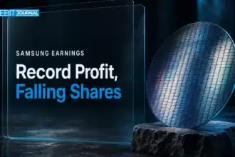 Silicon wafer on a stone pedestal illustrating Samsung stock falling after a record chip-driven quarterly profit